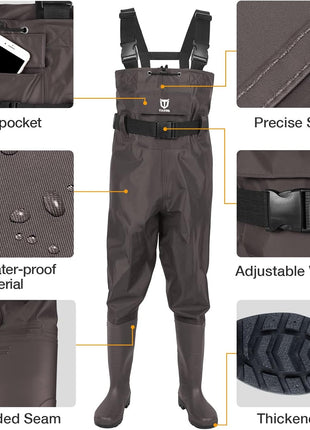 TIDEWE Bootfoot Chest Wader, 2-Ply Nylon/PVC Waterproof Fishing Hunting Waders with Boot Hanger for Men Women Green Brown
