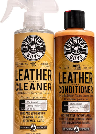 Chemical Guys Leather Cleaner and Conditioner Kit - Car Cleaner and Conditioner, Safely Cleans & Conditions Leather Car Interiors, Furniture, Shoes, Boots, Bags, Apparel & More, 2 Bottles (16 oz Each)