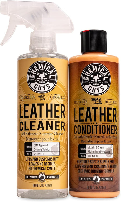 Chemical Guys Leather Cleaner and Conditioner Kit - Car Cleaner and Conditioner, Safely Cleans & Conditions Leather Car Interiors, Furniture, Shoes, Boots, Bags, Apparel & More, 2 Bottles (16 oz Each)