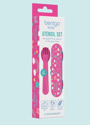 Bentgo Kids Plastic Utensil Set with Fork, Spoon, & Storage Case | Reusable, PFAS- & BPA-Free, Easy-Grip Handles, Lightweight, Dishwasher Safe, School, Travel & On-the-Go (Rainbows)