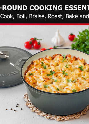 Mueller 6 Quart Enameled Cast Iron Pot Dutch Oven, Heavy-Duty | Oven-Safe up to 500°F & Across All Cooktops, Casserole Dishes for Ovens, Bread Pan with Lid & Knob, Cast Iron Cookware, Grey