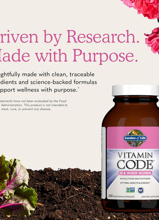 Garden of Life Vitamin Code Multivitamin for Women 50 & Over, 240 Capsules, Vitamins for Women 50 Plus with B Vitamins, Vitamins A, C, D3, E & K, CoQ10, Probiotics & Enzymes