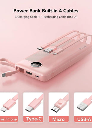 VRURC Portable Charger Power Bank, Built-in 4 Cables & 2 Ports,10000mAh Slim Battery Pack with LED Display, Travel Essential USB C Portable Phone Charger for All Cell Phones Devices-Pink(1 Pack)