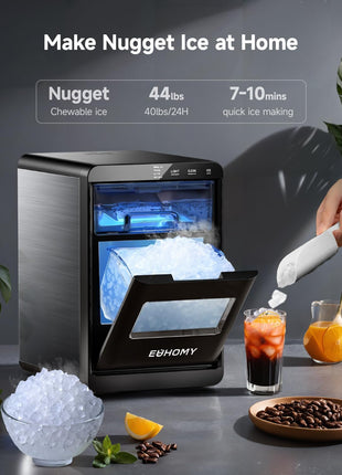 EUHOMY Nugget Ice Maker Countertop, 44Lbs/24H Pebble Ice Maker Machine, Self-Cleaning Pellet Ice Machine with Ice Scoop&Basket, Sonic Countertop Ice Machine for Home/Kitchen/Office(Black)