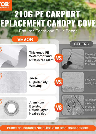 VEVOR Carport Replacement Canopy Cover 10 x 20 ft, Garage Top Tent Shelter Tarp Heavy-Duty Waterproof & UV Protected, Easy Installation with Ball Bungees,White (Only Top Cover, Frame Not Include)