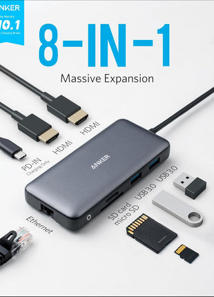 Anker Laptop Docking Station Dual Monitor, 8-in-1 USB C Hub with 4K HDMI | Dual HDMI USB C Dock, 1Gbps Ethernet, 85W Max PD, SD/TF Card Reader, for USB C Laptops, XPS and More (Charger Not Included)