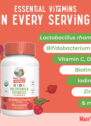 MaryRuth Organics Kids Vitamins | USDA Organic | Multivitamin Gummies + Postbiotics for Ages 4+ | Lactobacillus Rhamnosus | Vegan | Non GMO | 60 Count
