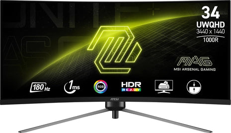 msi MAG 345CQR 34-inch 3440 x 1440 (UWQHD) Gaming Monitor, 180Hz, AMD FreeSync Premium, HDR Ready, HDMI, VGA Port, VESA, Tilt, 1ms, Black
