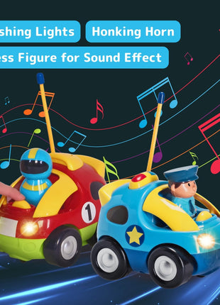 PREXTEX 2 Pack Cartoon Remote Control Cars for Toddlers - Police Car and Race Car with Steering Wheel Controllers and Lights - Different Frequencies Racing Together - Easter Toddler Gift 18+ Months.