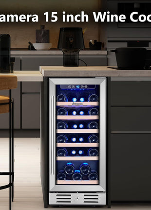 Kalamera 15 Inch Wine Cooler Refrigerator - 30 Bottle Under Counter Mini Fridge with Double-Layer Tempered Glass Door and Temperature Memory Function Built-in or Freestanding