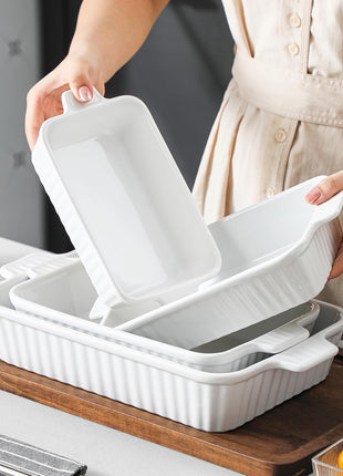 MALACASA Casserole Dishes for Oven, Ceramic Baking Dishes Set of 4, White | Rectangular Deep Lasagna Pans with Handles for Roasting Vegetable, Cake, Durable Bakeware, Wedding Gift(9.4/11.1/12.2/14.7")