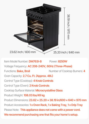 VEVOR 24in Electric Range Oven, 2.7Cu. Ft. Capacity Compact Freestanding Oven, Stainless Steel Kitchen Stove, with 4 Burners, Easy Reach Racks, Storage Drawer, Drip Pan, Indicator Light(No Power Cord)