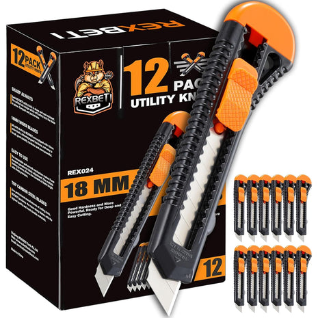 REXBETI 12-Pack Utility Knife, Retractable Box Cutter for Cartons, Cardboard and Boxes, 18mm Wider Razor Sharp Blade, Smooth Mechanism, Perfect for Office and Home use