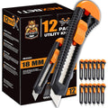 REXBETI 12-Pack Utility Knife, Retractable Box Cutter for Cartons, Cardboard and Boxes, 18mm Wider Razor Sharp Blade, Smooth Mechanism, Perfect for Office and Home use