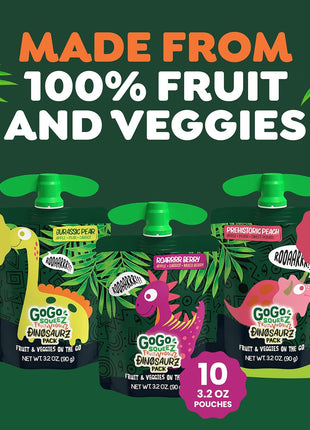 GoGo squeeZ Fruit & veggieZ Applesauce and Puree Variety Pack, Jurassic Pear, Roarrrr Berry & Prehistoric Peach, 3.2 oz (Pack of 20), Unsweetened Snacks for Kids, BPA Free Pouches