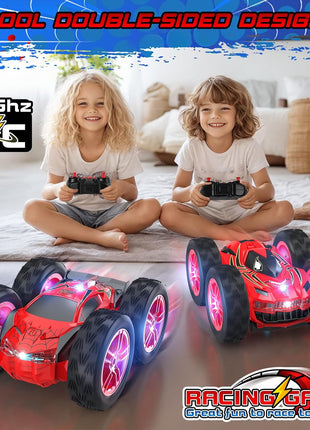 Remote Control Car for Kids, RC Stunt Cars Toys for Boys Ages 4-7 with Cool Double-Sided Pattern and LED Flash, 1:24 Vehicle Toy Car Hobby Racing Car Toys Gift for 3 4 5 6 7 8 9 Year Old Boys