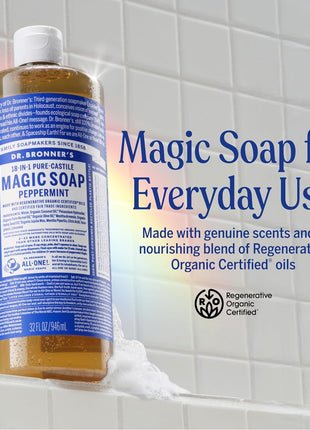 Dr. Bronner's Peppermint Pure-Castile Liquid Soap, Hand Soap, 32 oz | 18-in-1 Uses: Body Wash & Hand Soap for Men and Women, Shampoo, Face, Laundry, Floors, Cars, Pets - Fair Trade & Organic Oils