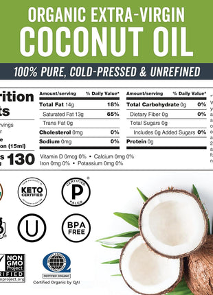 Viva Naturals Organic Coconut Oil, 16 fl oz – Unrefined, Cold-Pressed Extra Virgin Coconut Oil, USDA Organic & Non-GMO, Natural Cooking Oil, Hair Oil & Skin Oil