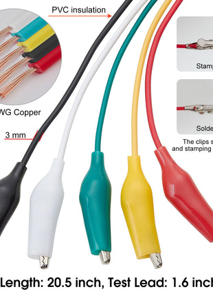 WG-026 10 Pieces and 5 Colors Test Lead Set & Alligator Clips,20.5 inches / 22 AWG Copper Wire. The Clips soldered and Stamped to the Wires. (1 Pack)