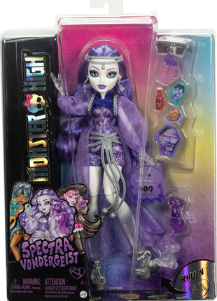 Monster High Spectra Vondergeist Doll | Ghost in Purple Clothes, Includes Pet Ferret Rhuen, 7 Accessories like Backpack, Tablet, Snacks and More (Amazon Exclusive)
