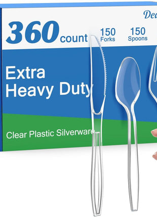 Dealusy 360 Count Extra Heavy Duty Clear Plastic Silverware, 150 Forks, 150 Spoons, 60 Knives, BPA-Free, Heat Resistant, Disposable Plastic Utensils Set, Plastic Cutlery Set, Plasticware Bulk
