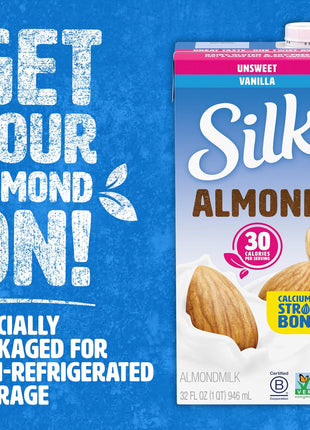 Silk Shelf-Stable Almond Milk, Unsweetened Vanilla, Dairy-Free, Vegan, Non-GMO Project Verified, 1 Quart (Pack of 6)