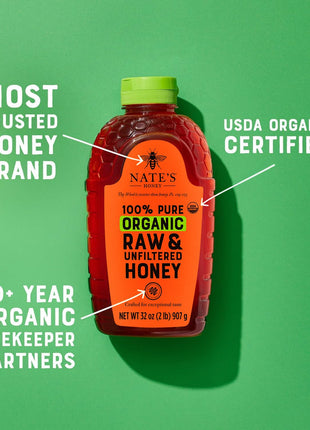 Nate's Organic 100% Pure, Raw & Unfiltered Honey - USDA Certified Organic - 32oz. Squeeze Bottle
