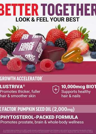 Force Factor Hair Growth Accelerator Soft Chews, Hair Growth Vitamins for Women and Men with Clinically Studied Lustriva and Biotin, Promotes Thicker, Fuller, Stronger Hair + Pumkin Seed Oil Sofgels