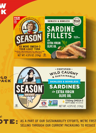 Season Sardines in Extra Virgin Olive Oil - Skinless & Boneless, Wild Caught, 22g of Protein, Keto Snacks, More Omega 3's Than Tuna, Kosher, High in Calcium, Canned Sardines - 4.37 Oz Tins, 12-Pack