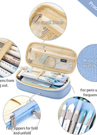 EASTHILL Big Capacity Pencil Pen Case Office College School Large Storage High Capacity Bag Pouch Holder Box Organizer Light Blue