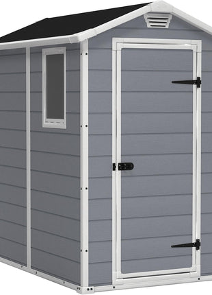 Keter Manor 4x6 Resin Outdoor Storage Shed Kit-Perfect to Store Patio Furniture, Garden Tools Bike Accessories, Beach Chairs and Lawn Mower, Grey & White