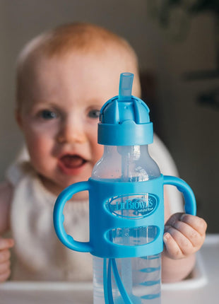 Dr. Brown's Milestones Narrow Sippy Straw Bottle, Spill-Proof with 100% Silicone Handles and Weighted Straw, 8 oz/250 mL, Blue/Gray, 6m+
