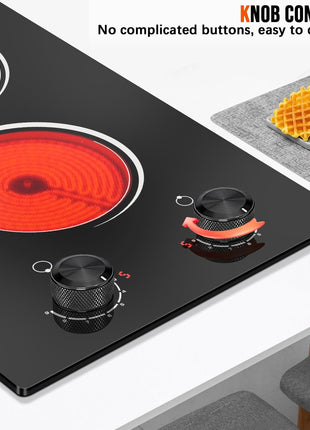 2 Burner Electric Cooktop 110V, 12 Inch Electric Cook Top Plug in, 2000W Electrics Stove with Knob Control, Countertop & Built-in Ceramic Stovetop, 9 Heating Level, Residual Heat Indicator