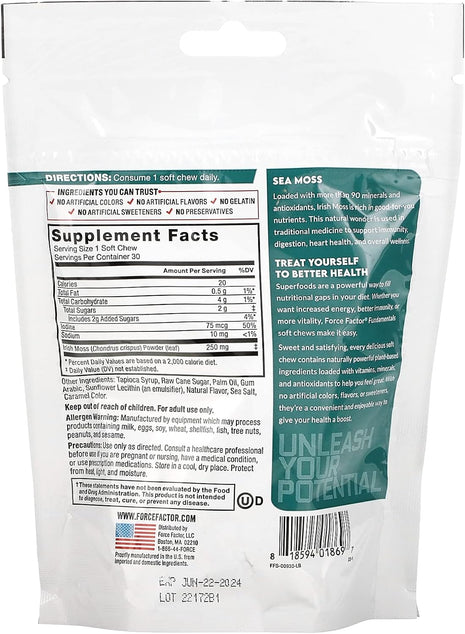 Force Factor Sea Moss Soft Chews, Support Immune, Digestion & Heart Health | Irish Sea Moss Superfood & Antioxidants Supplement, Non-GMO, Gluten-Free, Salted Caramel Flavor, 30 Soft Chews