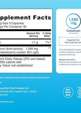 Vital Proteins Collagen Peptides Powder Travel Packs (20ct per Box) and Bovine Colostrum Supplement 90 Capsules