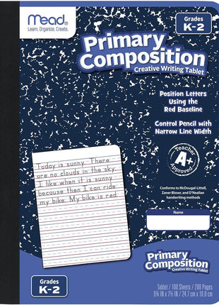 Mead Primary Composition Book, Primary Ruled Journal, Grades K-2, 7-1/2 inch x 9-3/4 inch, 100 Sheets, Blue Marble (09902)