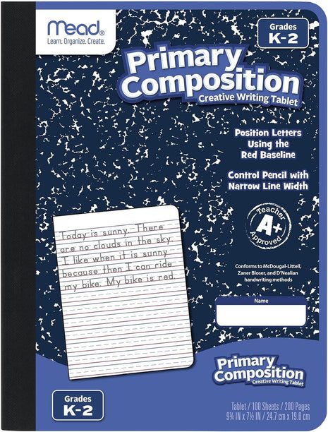Mead Primary Composition Book, Primary Ruled Journal, Grades K-2, 7-1/2 inch x 9-3/4 inch, 100 Sheets, Blue Marble (09902)