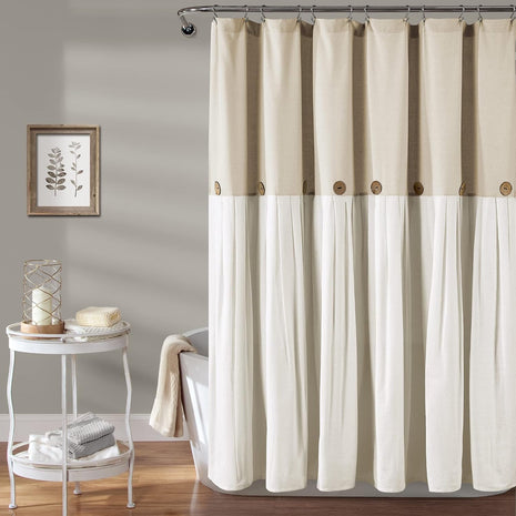 Lush Decor Linen Button Shower Curtain, 72 inch W x 72 inch L, Linen - Neural Shower Curtain Fabric - Bathroom Curtain - Farmhouse Bathroom Decor