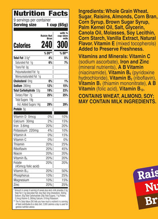 Raisin Nut Bran Cereal, High Fiber Cereal, Made with Whole Grain, 20.8 oz