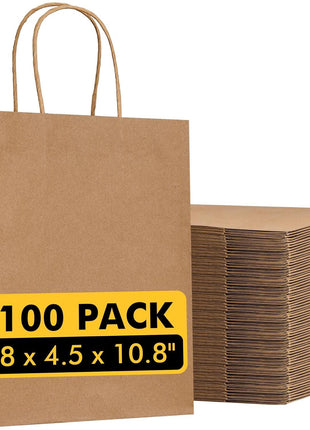 Brown Paper Bags with Handles Bulk 100Pcs 8x4.5x10.8 Inch Gift Bags Bulk, Brown Kraft Paper Bags for Retail, Party, Shopping, Favor