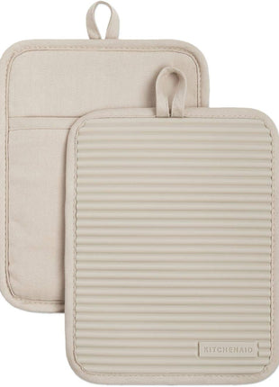 KitchenAid Ribbed Soft Silicone Pot Holder 2 Pack Set, Milkshake Tan, 7 inchx9 inch