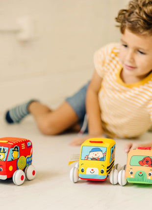 Melissa & Doug K's Kids Pull-Back Town Vehicle Set - Baby Toys Set with 4 Soft Toy Cars and Trucks, Surface Washable with Removable Wheels, Learning Toys for Babies and Toddlers