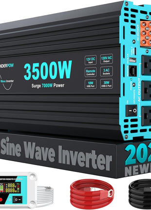Pure Sine Wave 3500W Power Inverter 12V DC to 120V AC for RV, Truck, Home, Off-Grid, Solar, Inverter with 3 AC Outlet, 30W USB-C, 5V 3.1A USB, Hardwire Port, 15FT Remote Control, Surge 7000W