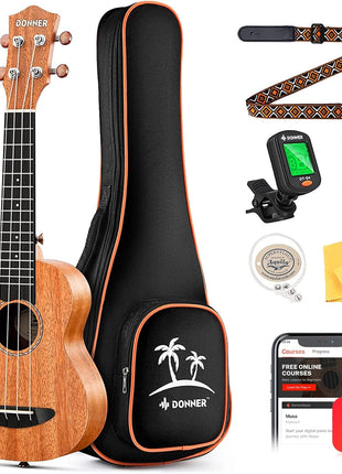 Donner Concert Ukulele Beginner Mahogany 23 Inch Ukelele Kit with Free Online Lesson Gig Bag Strap Nylon String Tuner Picks Cloth DUC-1 Gift Choice