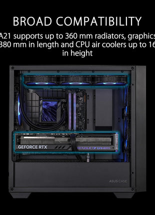 ASUS A21 Black Micro ATX PC Case Supports BTF Hidden Connector Technology, Graphics Cards up to 380mm, 360mm Coolers, & ATX PSUs, Includes Porous Front-Panel mesh, 2 Year Warranty