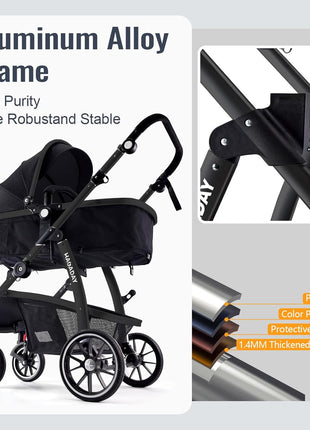 Baby Stroller, 2-in-1 Reversible Toddler Seat with Lie-Flat Mode, Foldable Infant Stroller with Canopy, One Button Brake, Adjustable Handle, Newborn Pushchair (Black B)