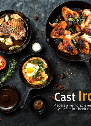 Utopia Kitchen Premium Cast iron Skillets 3 Piece Set, Chef's Pan, Pre Seasoned Frying Pan, 6, 8 & 10 Inches, PFAS-Free, Stovetop, Campfire & Grill Large Skillet, Even Heat Distribution Cast Iron Pan