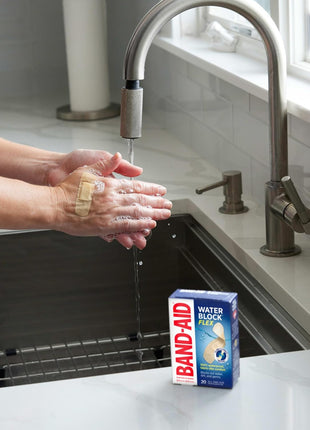 BAND-AID Brand Water Block Flex 100% Waterproof Adhesive Bandages for First-Aid Wound Care of Minor Cuts, Scrapes & Wounds, Ultra-Flexible Design, Sterile, All One Size, 20 ct