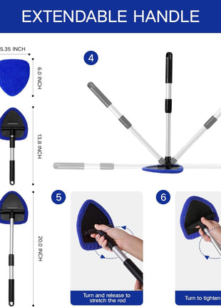 11pcs Windshield Cleaner Tool, Car Window Cleaning Wash Kit with 6 Reusable Microfiber Pads 2 Spray Bottles and Extendable Handles Auto Glass Wiper Kit, Blue
