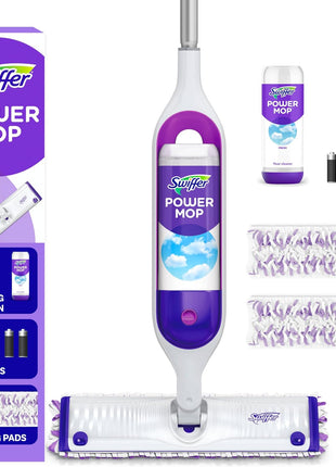 Swiffer PowerMop Mopping Kit for Floor Cleaning, Set Includes 1 Power Mop, 2 Replacement Pads, 1 Liquid Solution Refill, 2 Batteries, No Bucket Needed Electric Spray Cleaner, Multi-Surface and Wood